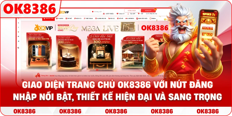 Giao diện trang chủ OK8386 với nút Đăng Nhập nổi bật, thiết kế hiện đại và sang trọng Giao diện trang chủ OK8386 với nút Đăng Nhập nổi bật, thiết kế hiện đại và sang trọng