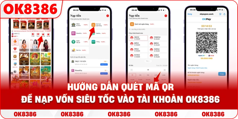 Hướng dẫn quét mã QR để nạp vốn siêu tốc vào tài khoản OK8386. Hướng dẫn quét mã QR để nạp vốn siêu tốc vào tài khoản OK8386.